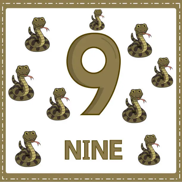 Vector illustration of Illustrations for numerical education for young children. So that children can learn to count the numbers 9 and 9 snake as shown in the picture in the animal category.