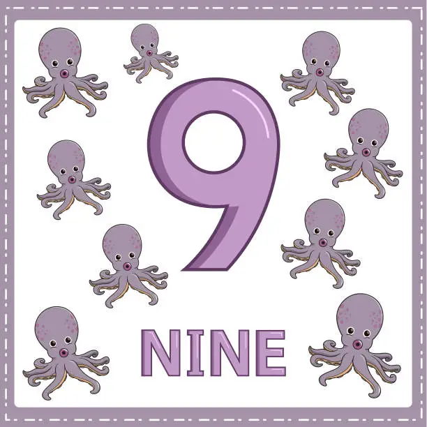 Vector illustration of Illustrations for numerical education for young children. So that children can learn to count the numbers 9 and 9 squid as shown in the picture in the animal category.