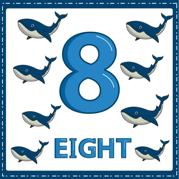 Vector illustration of Illustrations for numerical education for young children. So that children can learn to count the numbers 8 and 8 whale as shown in the picture in the animal category.