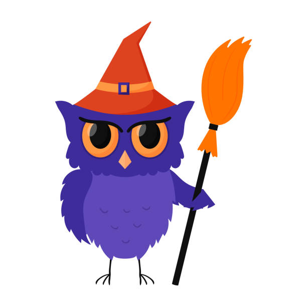 istock A purple frowning owl in a red hat and with a witch's broom. Color flat cartoon vector illustration isolated on a white background. 1344009723