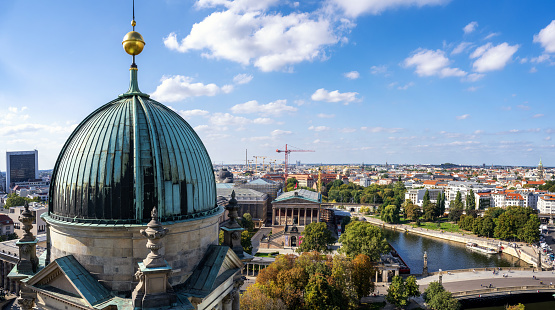 panoramic view from cathedral on historic berlin cityscape with museum island and spree river at late summer day