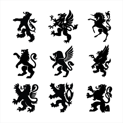 Set of 9 heraldry animals, black color