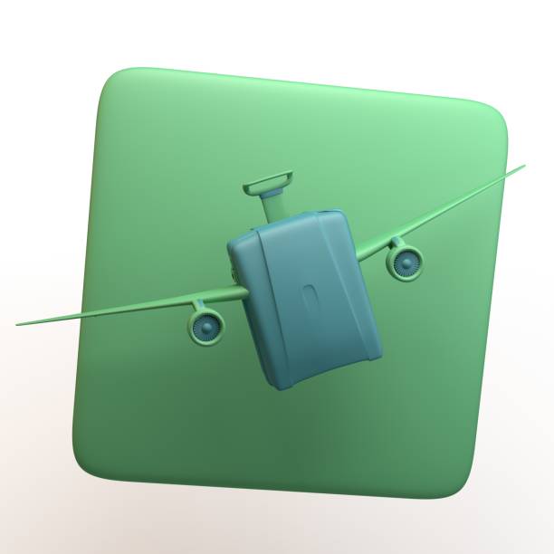 Travel icon with suitcase with wings isolated on white background. App. 3D illustration.