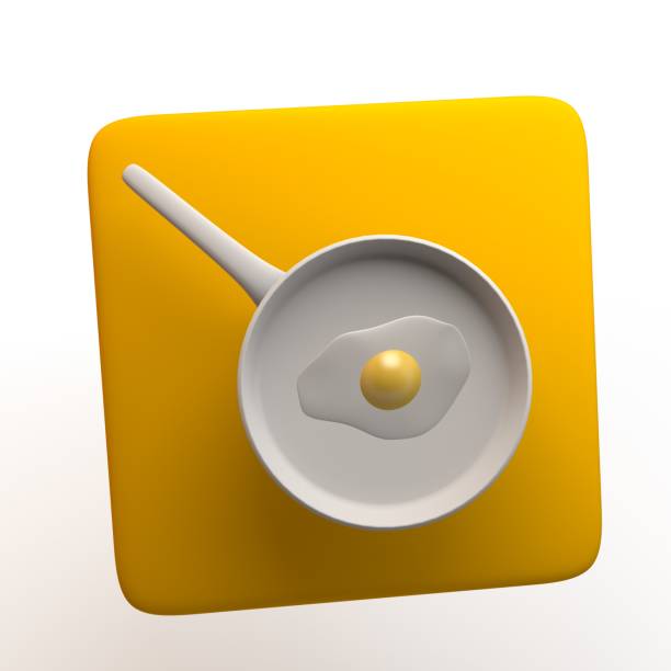 Kitchen icon with frying pan and fried egg isolated on white background. App. 3D illustration.