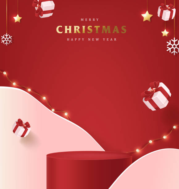 баннер «счастливого рождества» с отображением продукта цилиндрической формы - christmas 3d stock illustrations