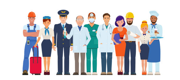 A group of people of different professions A group of people of different professions. Character design for doctors, pilot and stewardess, cook, repairman, engineer, builder and secretary. Flat vector illustration. various occupations stock illustrations