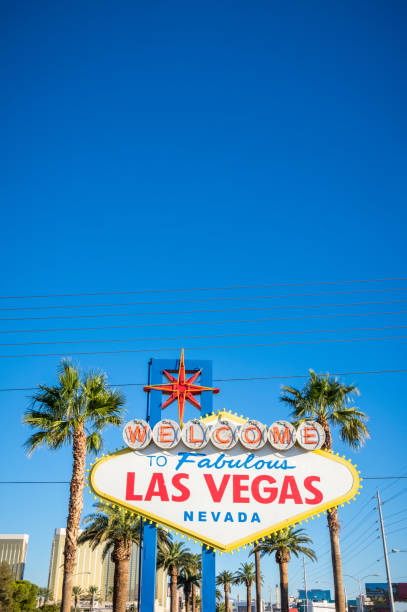Vertical photo with a big copy space of Las vegas sign at the begining of the strip in the morning. Las Vegas, Nevada. USA