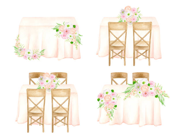 ilustrações, clipart, desenhos animados e ícones de mesas de banquete de aquarela decoradas com arranjos de flores definidas - wedding reception illustrations