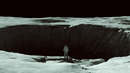 Classic Spaceman Spacewoman Standing on the Edge of a Large Crater on the Moon Sci Fi Astronaut Cosmonaut Moonscape 3d illustration render