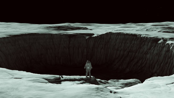 Classic Spaceman Spacewoman Standing on the Edge of a Large Crater on the Moon Sci Fi Astronaut Cosmonaut Moonscape Classic Spaceman Spacewoman Standing on the Edge of a Large Crater on the Moon Sci Fi Astronaut Cosmonaut Moonscape 3d illustration render devils throat stock pictures, royalty-free photos & images
