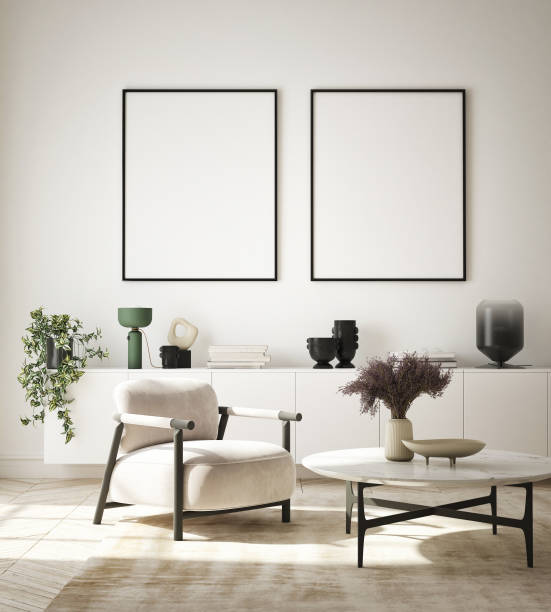 istock mock up poster frame in modern interior background, living room, Scandinavian style, 3D render, 3D illustration 1344015913