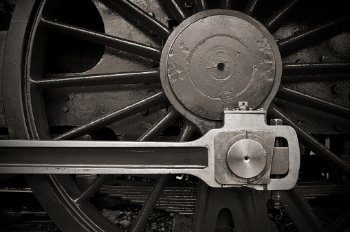 Detail of a drive wheel of an old steam locomotive (built 1935).