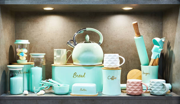 istock Kitchen utensils pans, kettle, jars for tea and coffee 1344016802
