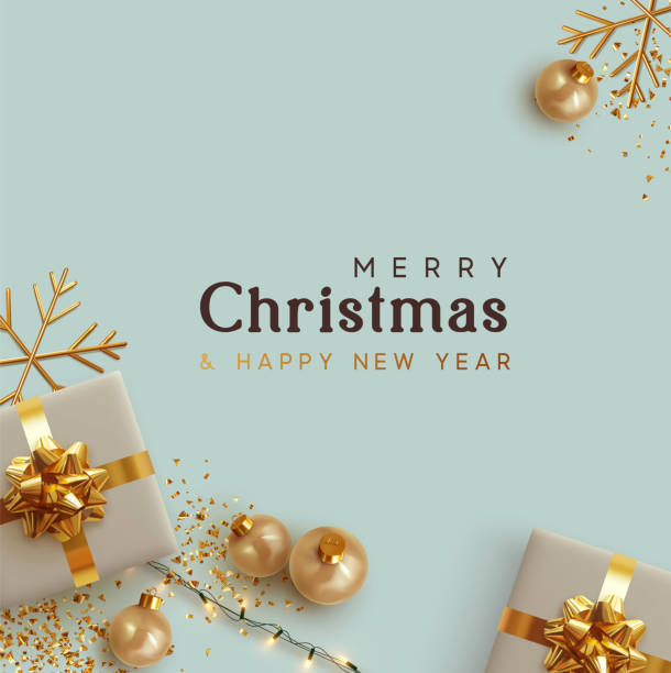 merry christmas and happy new year. background with realistic festive gift box. xmas present. gift boxes with surprise, golden christmas baubles, balls. flyer and brochure. glitter gold confetti - yeni yıl hediyesi stock illustrations