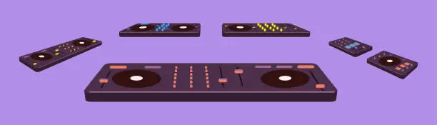 Vector illustration of DJ controllers kit for club music playing. Audio consoles and mixers set for sound mixing. Electronic turntables. Colored flat vector illustration of wireless electro equipment