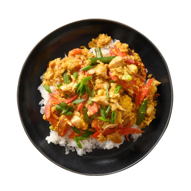 Photo of Gai Pad Pongali with chicken, eggs, spicy, yellow thai curry paste on rice.