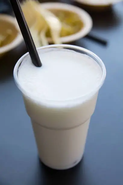 Photo of A glass of Ayran, a cold savory yogurt-based beverage, popular across Western Asia, Central Asia, South Asia, and Eastern Europe. The principal ingredients are yogurt, water and salt