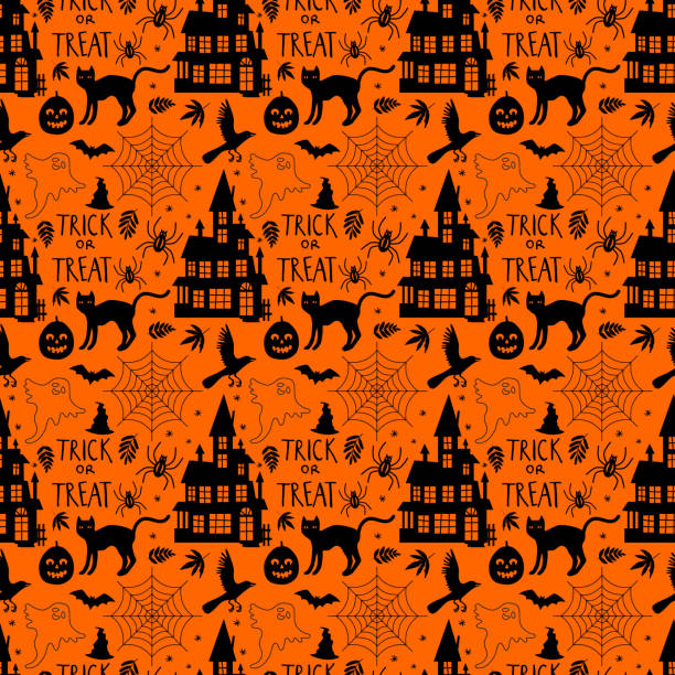 ilustraciones, imágenes clip art, dibujos animados e iconos de stock de siluetas de halloween de patrón sin costuras sobre fondo naranja. - spider web halloween corn pumpkin