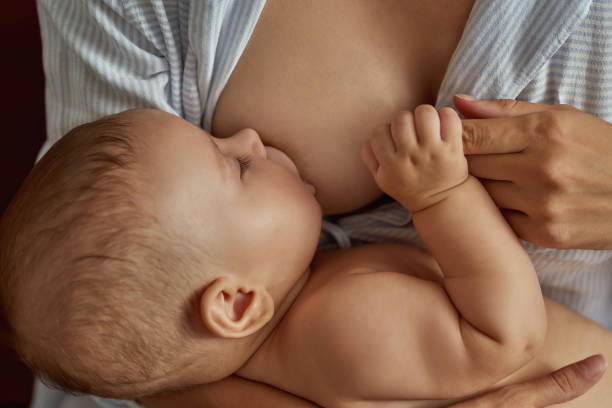 Little baby holding to his mother while breastfeeding stock photo