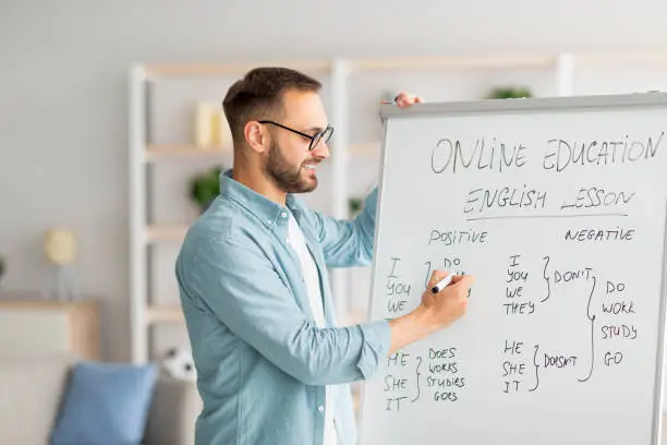 Young Caucasian male teacher giving online class, explaining English rules, writing on blackboard at home office. Remote tutoring and distance education during coronavirus lockdown concept