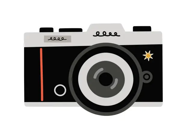 Vector illustration of Hand-drawn black and grey film photo camera, with a star sticker.