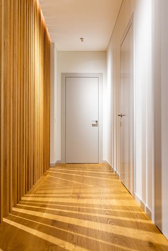Corridor of a modern private house. Large space separated with wooden plank stripes, to separate the corridor from the entrance hall. Beautifully falling shadows.