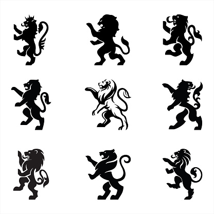 Set of 9 heraldry lions, black color, set number 02