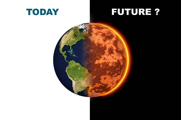 istock Divided globe with natural appearance and glowing side as a symbol for global warming and desiccation of the soil and devastation. Climate Change. 1344028834