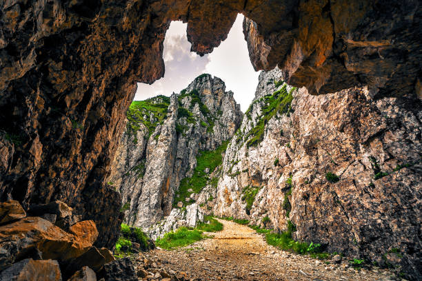 Inside view of 52 Galleries first world war path on Pasubio, Veneto, Italy