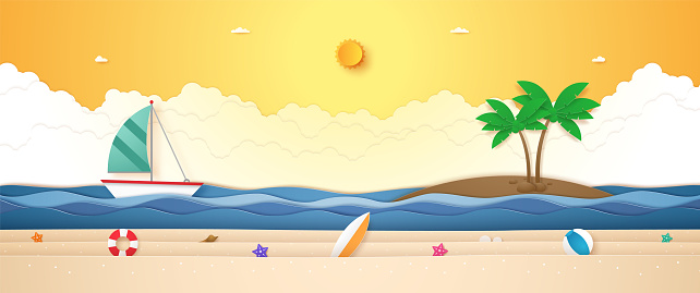Landscape of boat sailing on wavy sea, coconut tree on island and summer stuff on beach with bright sun in sunshine sky for Summer in paper art style