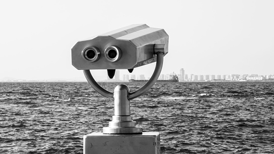 Coin operated binoculars looking at Izmir Bay