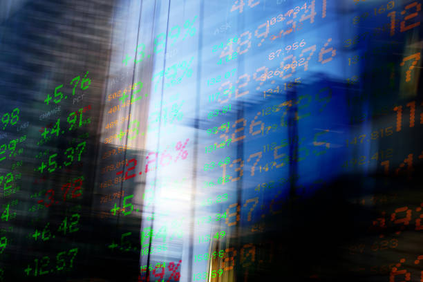 istock Finance. Abstract office Buildings and Trading Screen Data 1344040230
