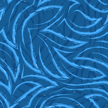 Vector seamless pattern in blue colors from corners and flowing stripes with torn edges.Vector seamless pattern of abstract shapes in blue and white colors.Simple texture of the sea or the movement of waves of water.