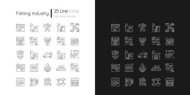 Fishing industry linear icons set for dark and light mode Fishing industry linear icons set for dark and light mode. Catching and preparing seafood. Processing, farming. Customizable thin line symbols. Isolated vector outline illustrations. Editable stroke fish farm icon stock illustrations