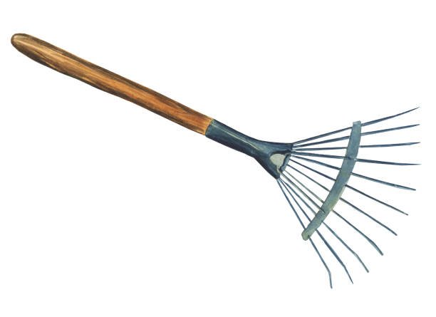 istock Garden hand rake isolated on white background. Blue and brown tool. Watercolor hand drawing illustration. 1344045215