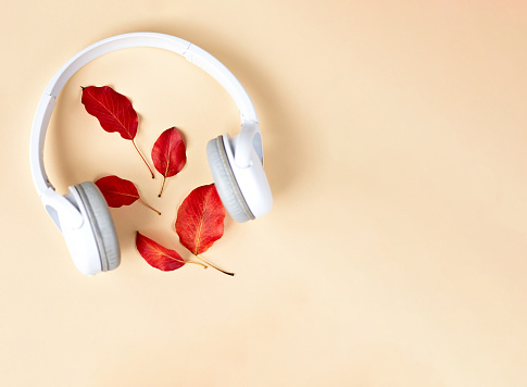Fall flat lay composition with red autumn leaves, cup of coffee and white headphones. Autumn podcast background. Autumn playlist concept.