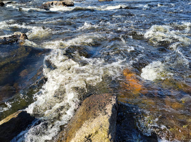 Shallow fast flowing water over rocks and boulders.