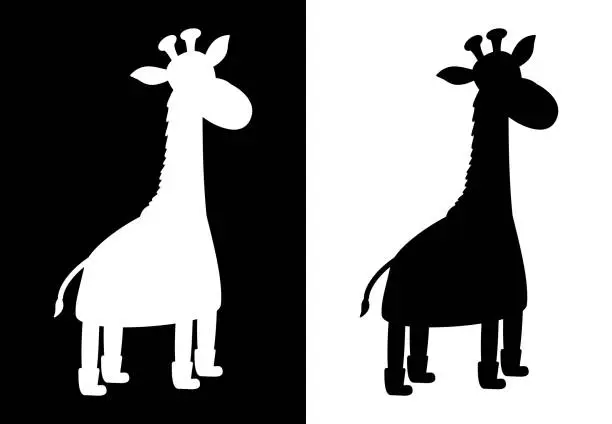 Vector illustration of Profile giraffe and boots with shadow shape of a color in black and white - vector