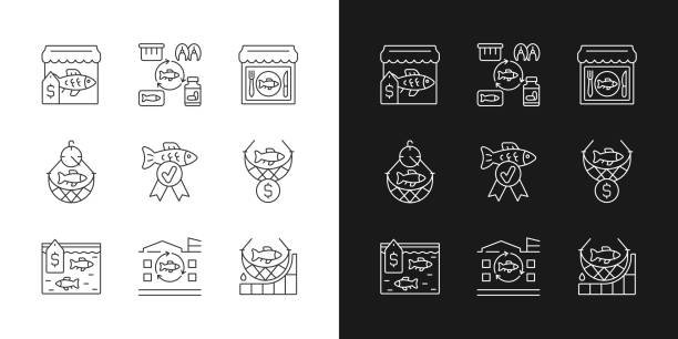Commercial fishery linear icons set for dark and light mode Commercial fishery linear icons set for dark and light mode. Seafood restaurant and market. Fish industry. Customizable thin line symbols. Isolated vector outline illustrations. Editable stroke fish farm icon stock illustrations