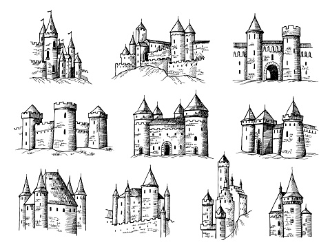 Drawing castles. Medieval buildings old gothic towers ancient constructions recent vector castles collection. Illustration of castle building, old ancient construction architecture