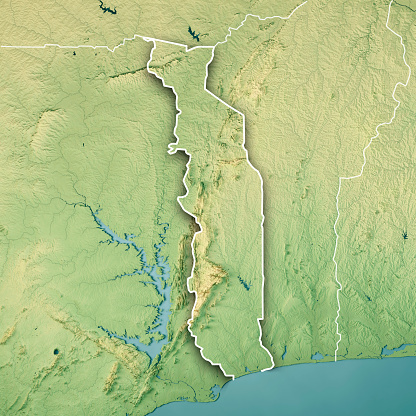 3D Render of a Topographic Map of Togo. Version with Country Boundaries.\nAll source data is in the public domain.\nColor texture: Made with Natural Earth. \nhttp://www.naturalearthdata.com/downloads/10m-raster-data/10m-cross-blend-hypso/\nRelief texture: NASADEM data courtesy of NASA JPL (2020). URL of source image: \nhttps://doi.org/10.5067/MEaSUREs/NASADEM/NASADEM_HGT.001\nWater texture: SRTM Water Body SWDB:\nhttps://dds.cr.usgs.gov/srtm/version2_1/SWBD/\nBoundaries Level 0: Humanitarian Information Unit HIU, U.S. Department of State (database: LSIB)\nhttp://geonode.state.gov/layers/geonode%3ALSIB7a_Gen