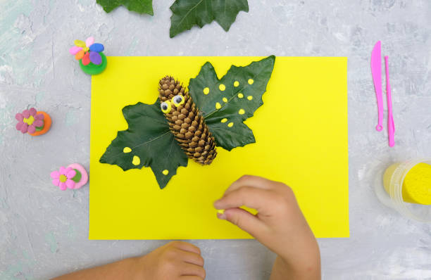秋の工芸品。自然のコーンと葉から楽しい蝶を作る子供は、紙とプラスチックを使用しています。学校に戻る。子供の芸術のためのアイデア - oeuvre ストックフォトと画像