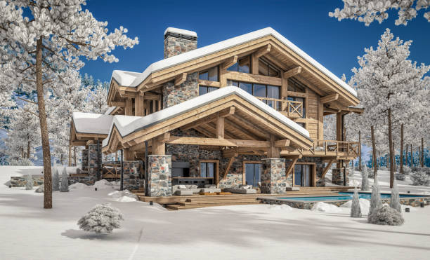 istock 3d rendering of modern cozy chalet in winter day 1344054948