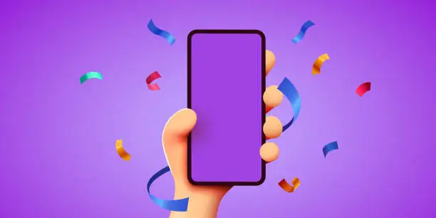 Vector illustration of Cute 3D cartoon hand holding mobile smart phone with celebratory confetti flying around. Winner concept. Modern mockup.