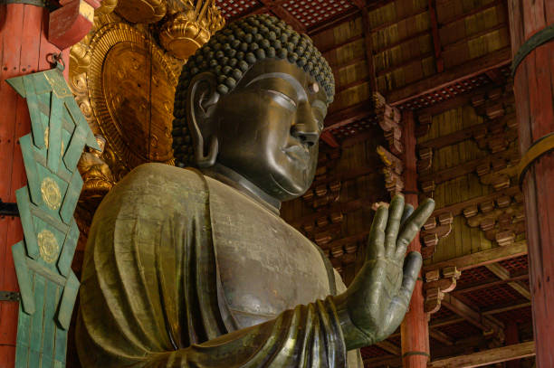 The largest Buddha (Daibutsu-Den) at The Todaiji Temple or Daibutsu of Nara Japan With a height of 15 meters and is one of the sacred and respected Buddha images of the Japanese people. The largest Buddha (Daibutsu-Den) at The Todaiji Temple or Daibutsu of Nara Japan With a height of 15 meters and is one of the sacred and respected Buddha images of the Japanese people. nsra stock pictures, royalty-free photos & images