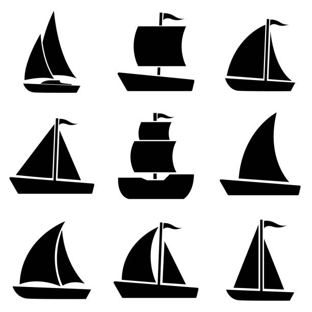ilustraciones, imágenes clip art, dibujos animados e iconos de stock de icono de velero, vector de stock, logotipo del barco aislado sobre fondo blanco - embarcación marina