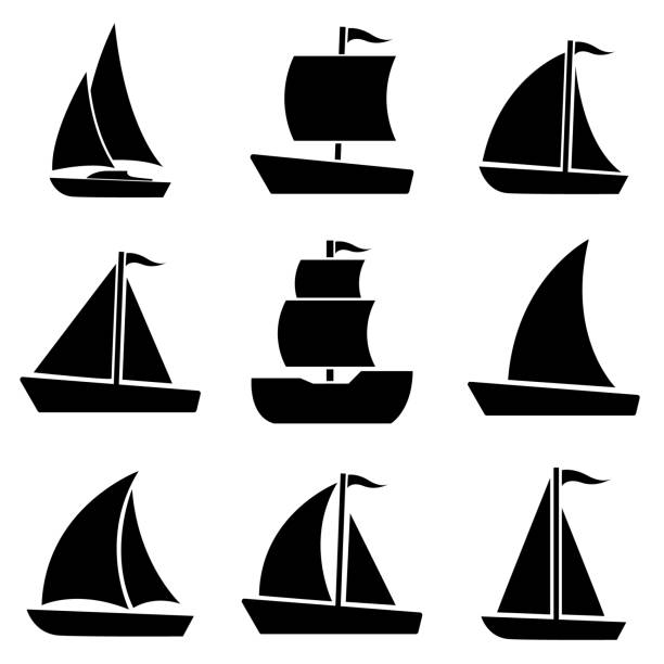 ikona łodzi żaglowej, grafika stockowa, logo łodzi wyizolowane na białym tle - sailing vessel stock illustrations
