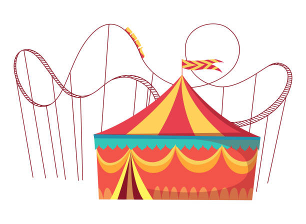 istock Amusement park attractions with roller coaster amusement rides and round circus tent. Vector illustration on white background 1344065041