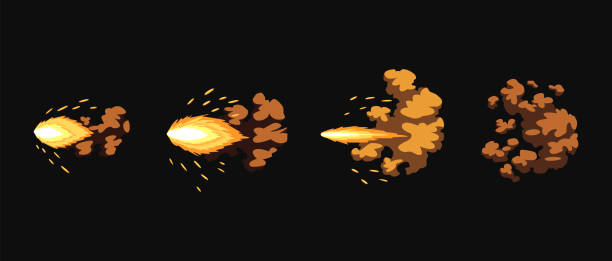 istock Gun flashes or gunshot animation. Fire explosion effect during the shot with the gun. Cartoon flash effect of bullet start. Shotgun fire, muzzle flash and explode 1344065476