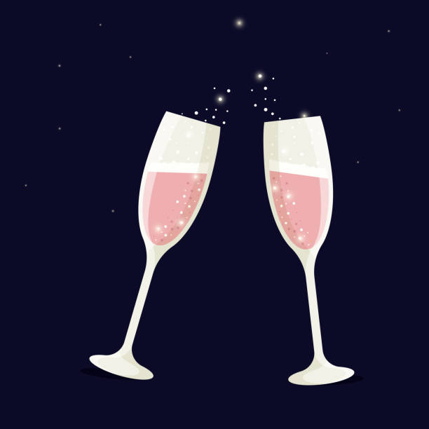 ilustrações, clipart, desenhos animados e ícones de taças de champanhe em rosa em um fundo escuro. festa, natal. festa de aniversário - cans toast